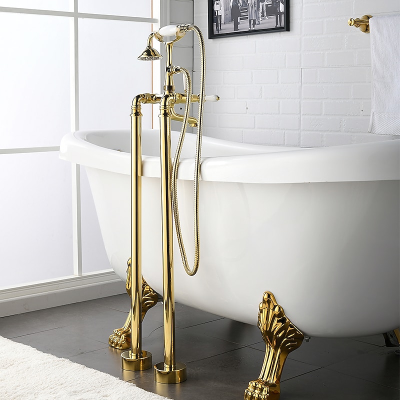Bathtub Faucet - Retro Vintage Electroplated Free Standing Ceramic Valve Bath Shower Mixer Taps2