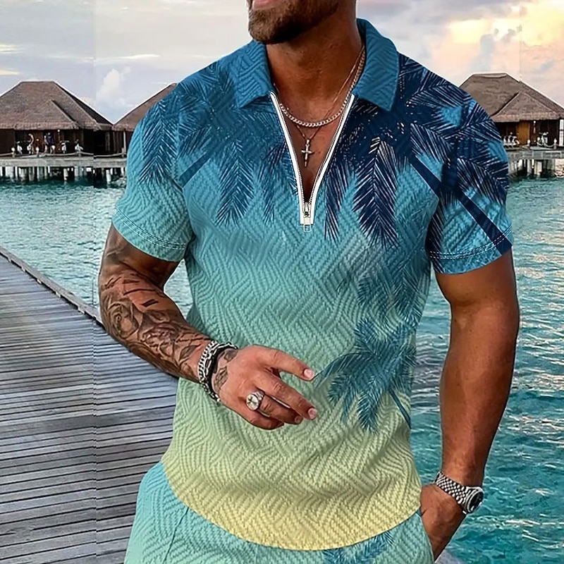 Men's Palm Tree Hawaiian Polo Shirts Golf Shirt Short Sleeve Polo Shirts Collared Shirts Casual Beach Wear Vacation Wear Tropical Wear Party Outfits 3D Print Quarter Zip Polo Spring & Summer Yellow2