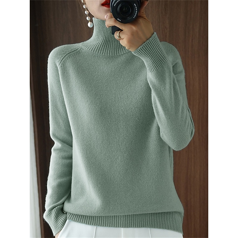 Women's Pullover Sweater Jumper Stylish Casual Soft Solid Color Ribbed Turtleneck Oversized Long Sleeve Regular Tops Knit Outdoor Valentine's Day Daily Black White Fall Winter