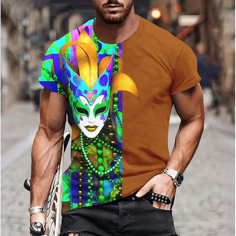 Men's Graphic Feathers Mask Mardi Gras Short Sleeve T shirt 3D Print Crew Neck Shirt Fashion Artistic Abstract Party Casual Holiday Purple Gold Green Summer Clothing Apparel Normal S M L XL XXL XXXL2