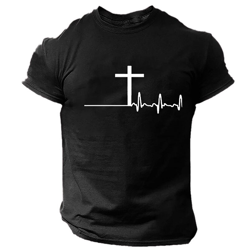 Men's Graphic T-Shirt Christian Cross Heartbeat Design | Religious Faith Short Sleeve2
