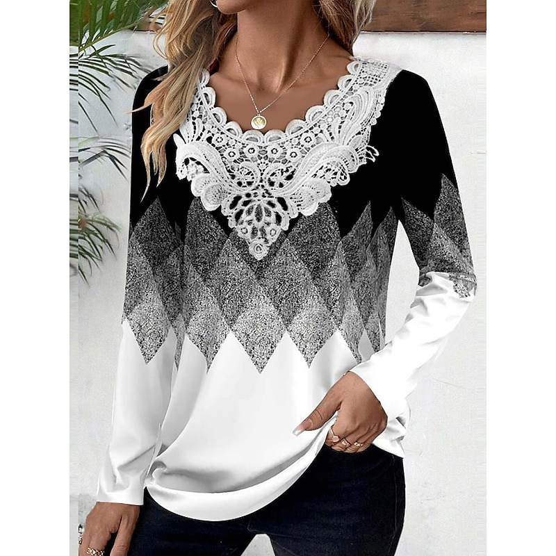 Women's Blouse Tunic Lace Splicing V Neck Long Sleeve Butterfly Abstract Lace Patchwork Print Regular Tops Round Neck Casual Black White Blue Khaki Gray Spring & Fall Prefall4