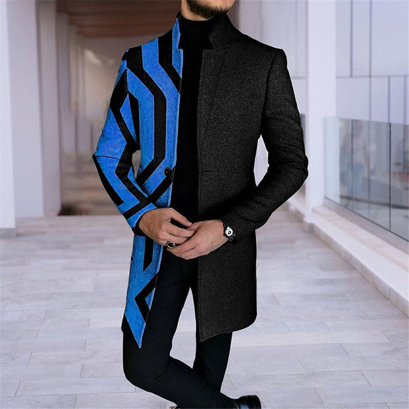 Men's Plaid Geometry Winter Coat Overcoat Coat Warm Comfortable Breathable Fashion Streetwear Business Work Wear to work Going out Pocket Print Fall & Winter Turndown Long Sleeve Blue Purple khaki4