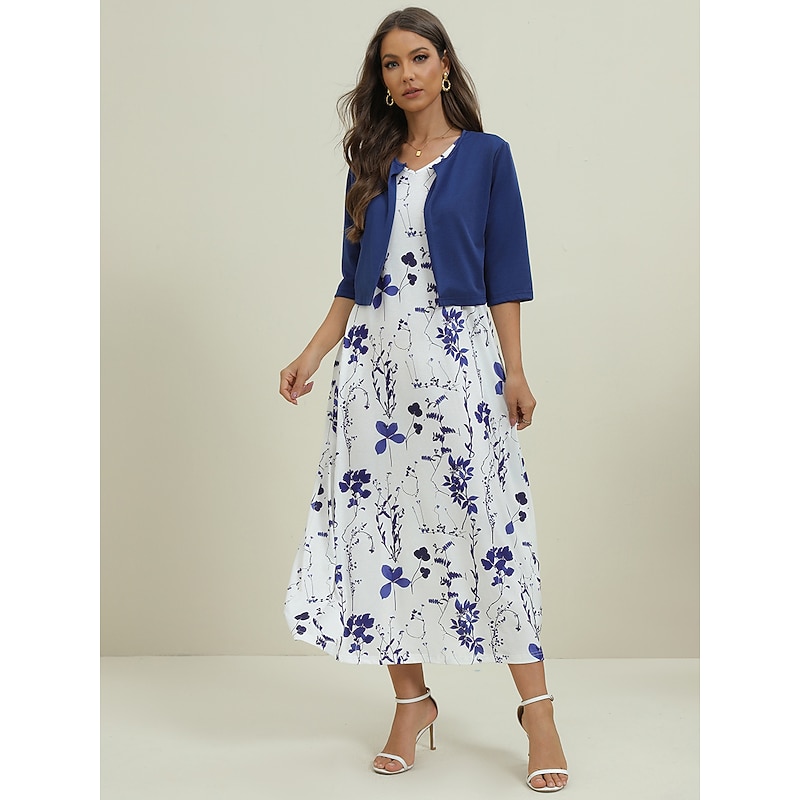 Women's Midi Dress Two Piece Dress Set Casual Dress Print Dress Daily Vacation Fashion Elegant Pocket Print Crew Neck Half Sleeve Floral Regular Fit Black Navy Blue Green Summer Spring S M L XL XXL4