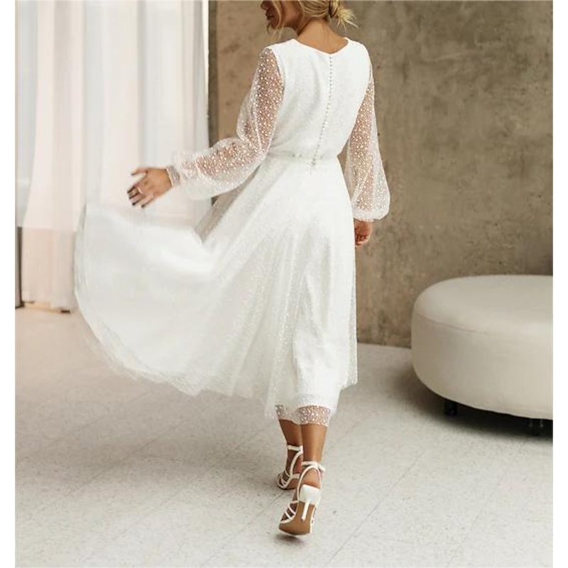 Beach Little White Dresses Wedding Dresses A-Line V Neck Long Sleeve Tea Length Sequined Bridal Gowns With Beading Solid Color3