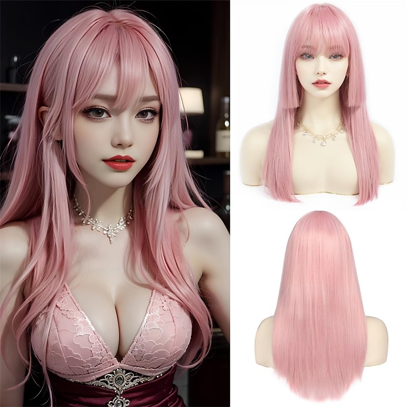 Long Straight Pink Wig with Bangs for Women 22 Inch Wig for Ryomen Sukuna Cosplay with Face tattoos Synthetic Heat Resistant Fiber Wig with Skinlike HD Wig Cap for Girls Daily Use2