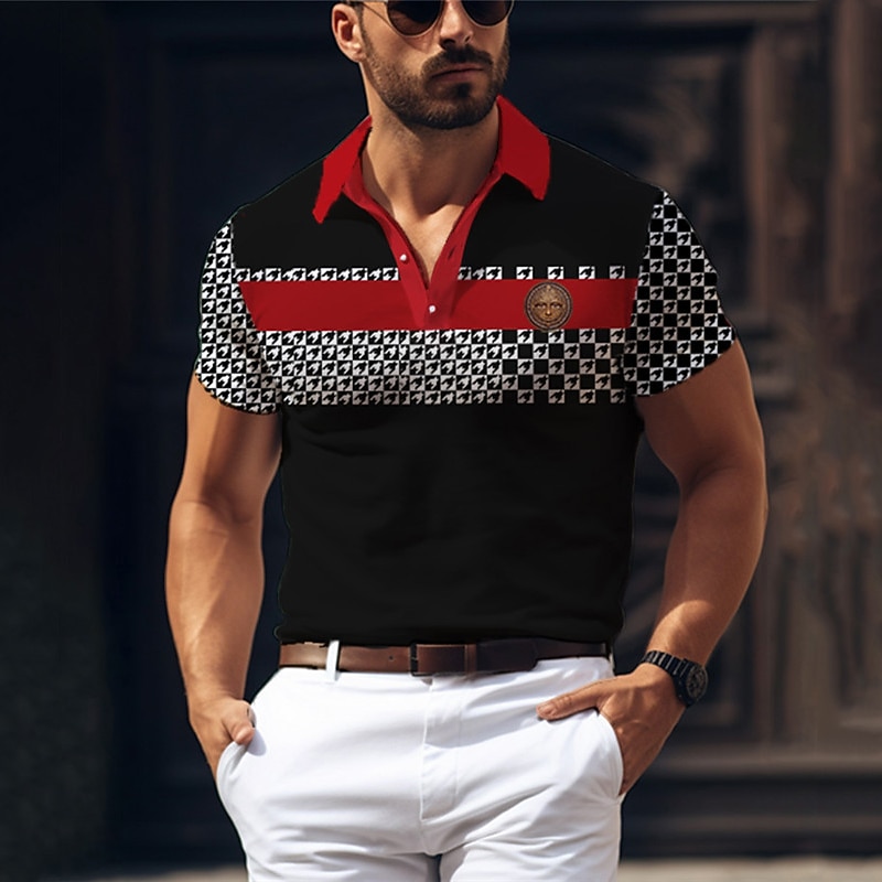 Men's Houndstooth Polo Shirts Golf Shirt Short Sleeve Polo Shirts Collared Shirts Business Casual WorkWear Formal Wear Festival Wear Buttons 3D Print Spring & Summer Yellow Red Blue