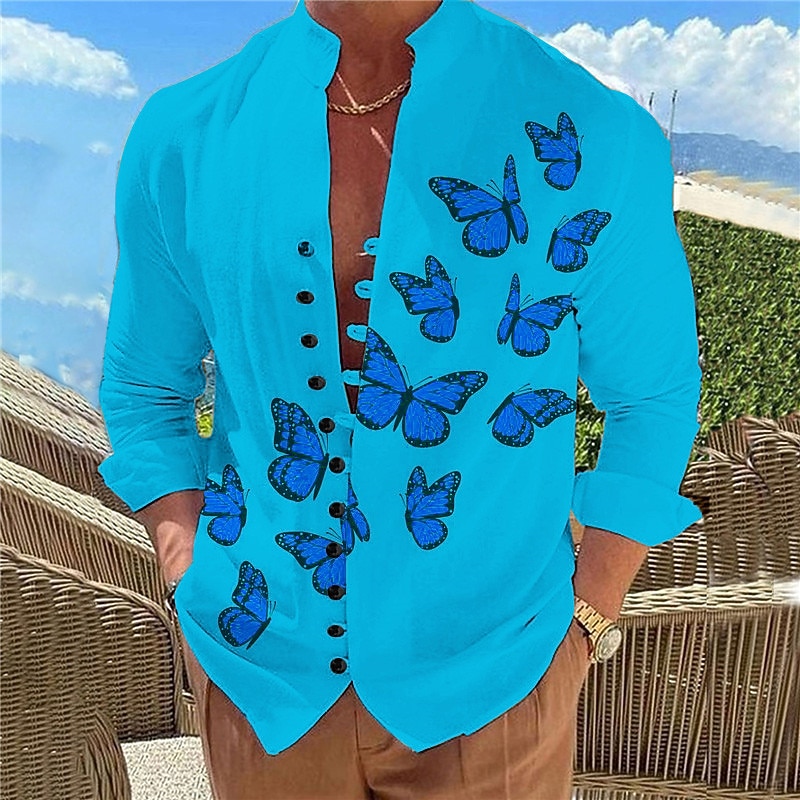 Men's Butterfly Shirt Long Sleeve Casual Daily Wear Going out Weekend Spring & Summer Standing Collar Print Button-Down Black White Blue Purple Fuchsia4