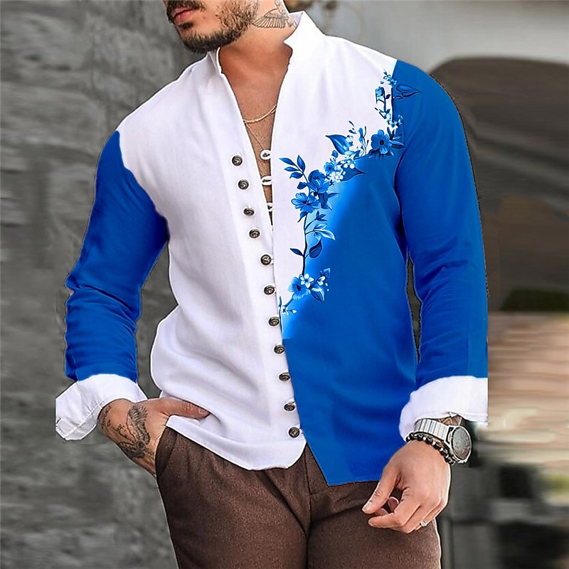 Men's Floral Shirt Button Up Shirt Long Sleeve Casual Daily Wear Going out Weekend Spring & Summer Standing Collar Print Button-Down Burgundy Blue Orange2