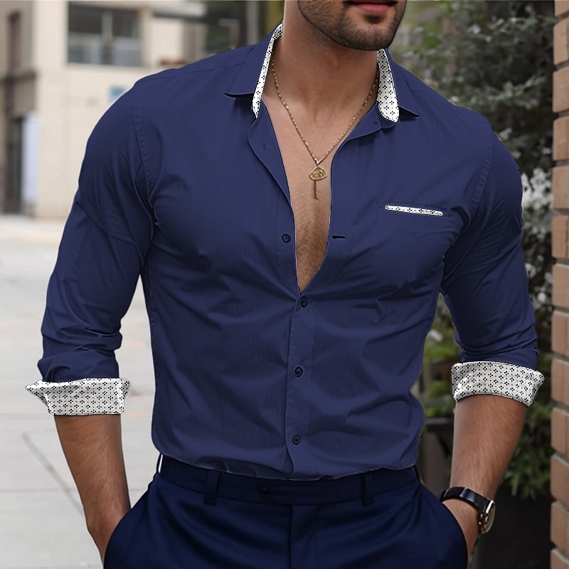 Men's Shirt Summer Shirt Dress Shirt Button Up Shirt Casual Shirt Black White Dark Blue Light Blue Long Sleeve Color Block Geometic Lapel Wedding Daily Patchwork Clothing Apparel Cotton Cotton Blend4