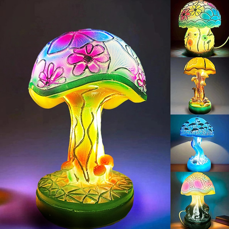 Mushroom Table Lamp, Simulated Stained Glass Night Light, Bohemian Resin Decorative Bedside Lamp, for Bedroom Living Room Home Office, Decor Gift2