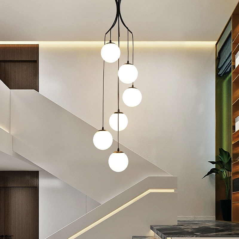 Staircase Chandelier 3/6/9 Light High Ceiling Modern LED Glass Round Nordic Art Chandelier Long Chandelier White Living Room Restaurant Hotel Corridor Entrance Stairs3