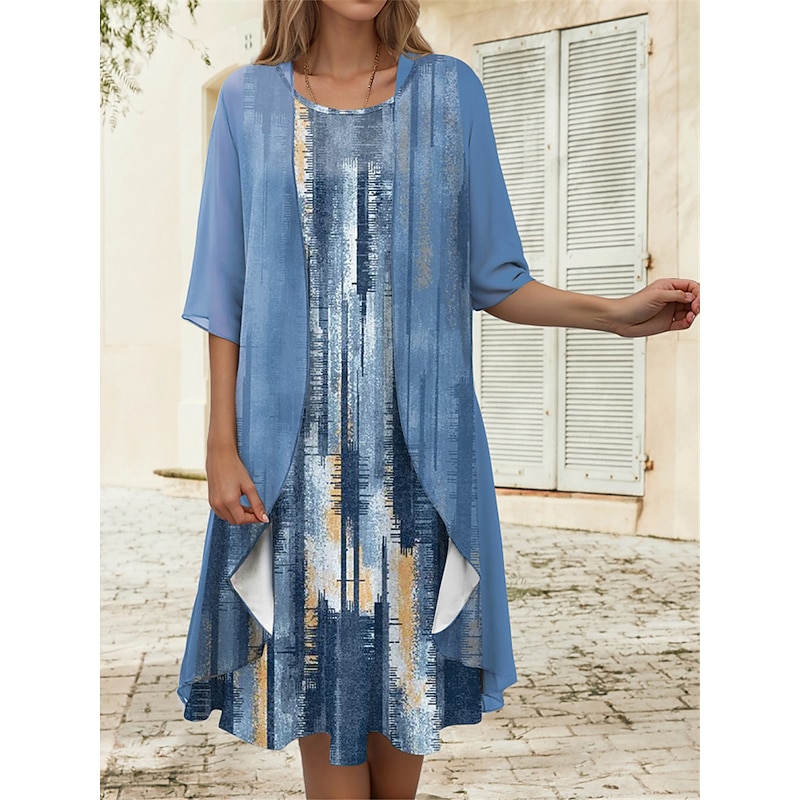Women's Graduation Dress Midi Dress Two Piece Dress Set Casual Dress Chiffon Dress Print Dress Fashion Modern Print Print Half Sleeve Crew Neck Outdoor Holiday Pink Blue Purple Spring Loose Fit