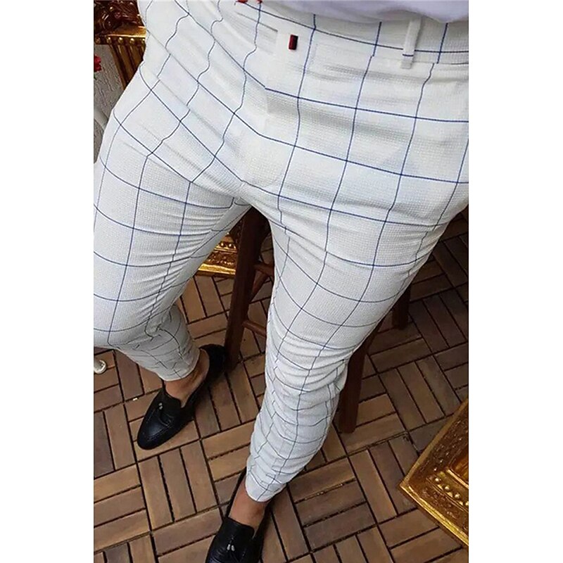 Men's Dress Pants Trousers Chinos Buttons Pocket Plaid Comfort Formal Party Work Fashion Classic Style White Micro-elastic