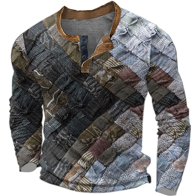 Men's Graphic Patchwork Henley Shirt Waffle T Shirt Long Sleeve 3D Print Fashion Designer Casual Sports Outdoor Holiday Festival Spring &  Fall Blue Brown Green Gray Henley Henley T-Shirt