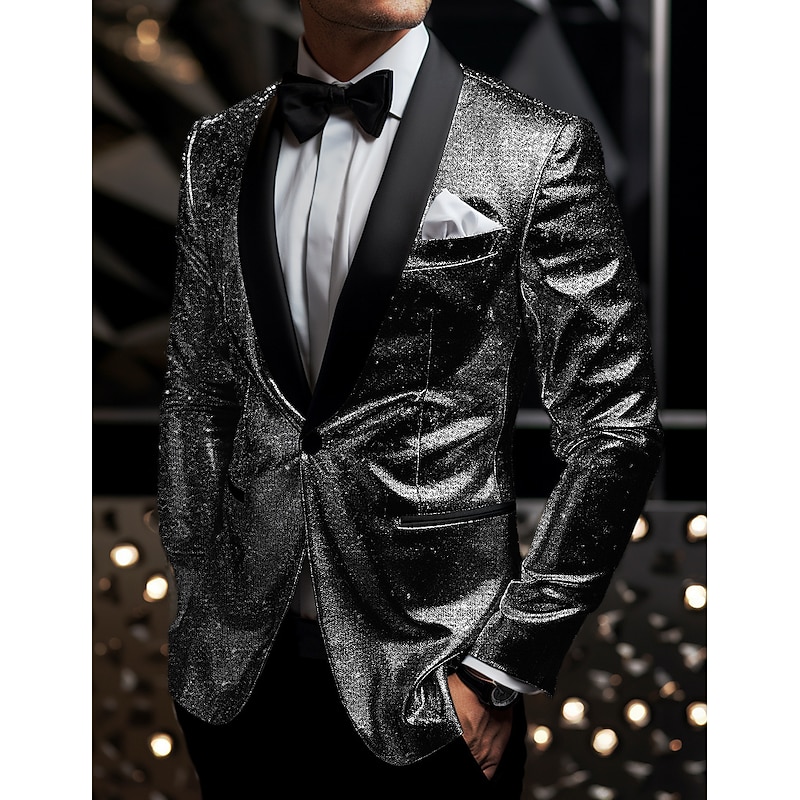 Men's Graduation Blazer Business Cocktail Party Wedding Party Fashion Casual Spring &  Fall Polyester Sequin Pocket Buttons Comfortable Single Breasted Blazer Silver Black Burgundy Royal Blue2