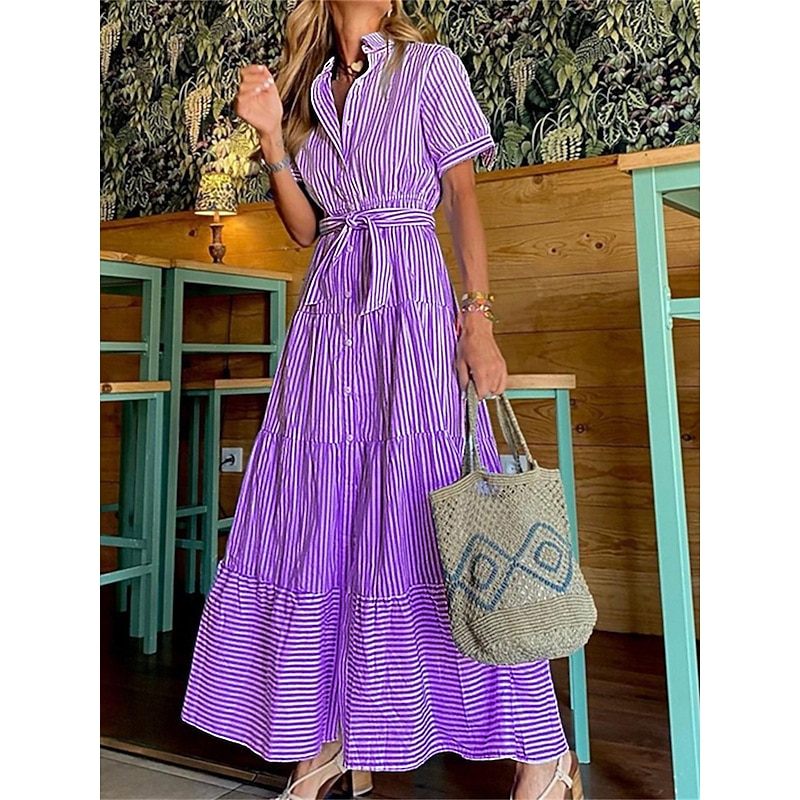 Women's Shirt Dress Casual Dress Stripe Lace up Ruffle Shirt Collar Long Dress Maxi Dress Vacation Short Sleeve Summer Spring3