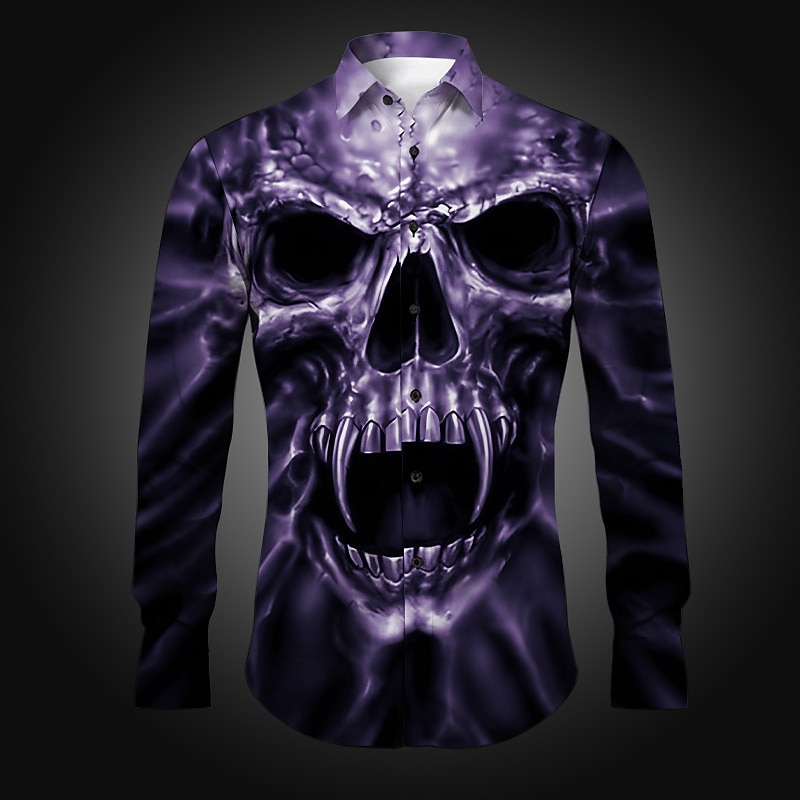 Men's Skeleton Halloween Costumes Shirt Button Up Shirt Long Sleeve Gothic Daily Wear Going out Spring & Summer Turndown Print Button-Down Yellow Purple Khaki Gray3