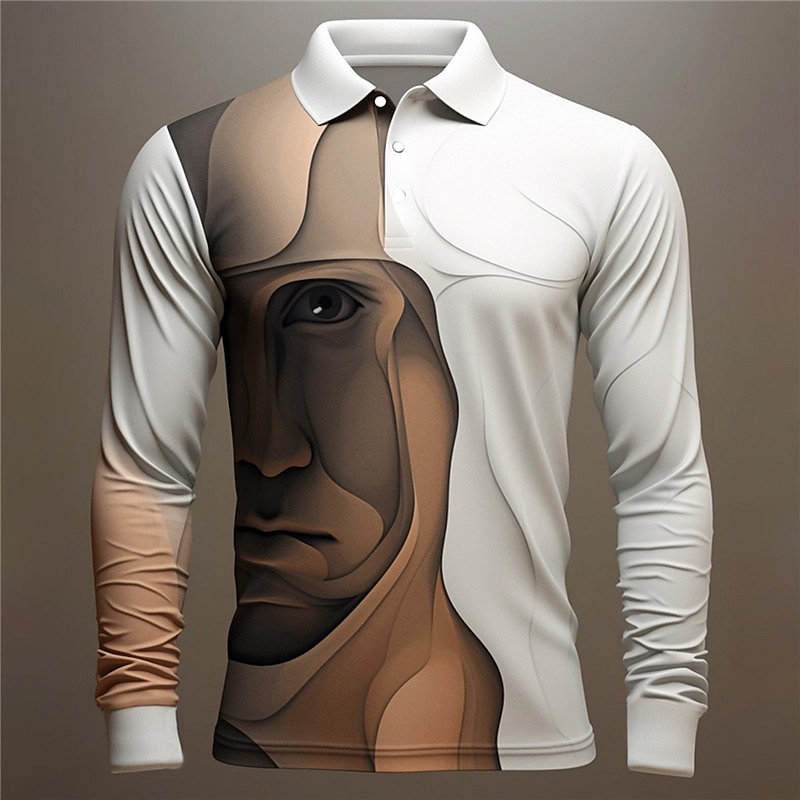 Men's Graphic Polo Shirts Golf Shirt Long Sleeve Polo Shirts Collared Shirts Casual Vacation Wear Rave Wear Party Outfits 3D Print Buttons Fall & Winter Blue Brown Khaki4