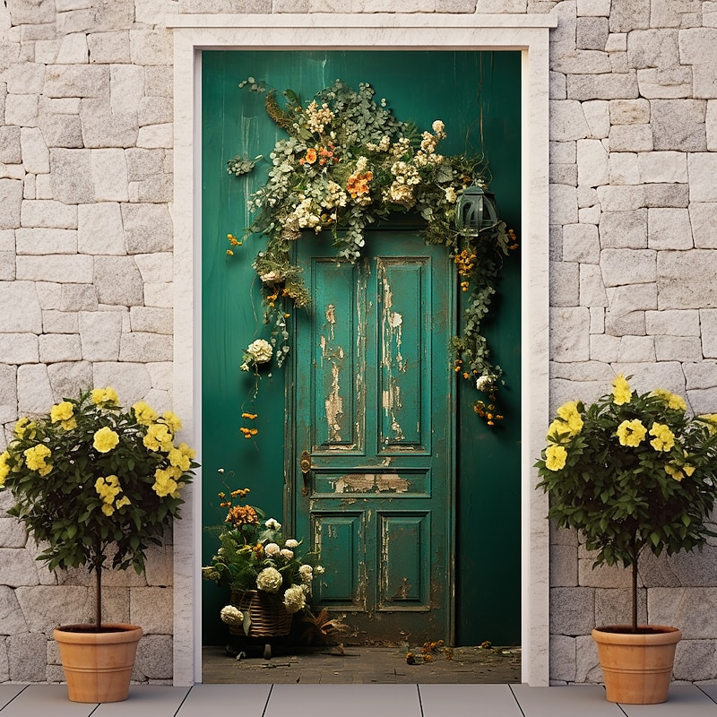 Floral Vintage Green Door Covers Mural Decor Door Tapestry Door Curtain Decoration Backdrop Door Banner Removable for Front Door Indoor Outdoor Home Room Decoration Farmhouse Decor Supplies3