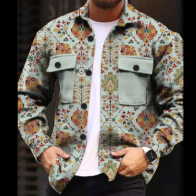 Men's Shirt Shirt Jacket Long Sleeve Vintage Daily Wear Going out Weekend Fall & Winter Turndown Pocket Print Button-Down Black Purple Green