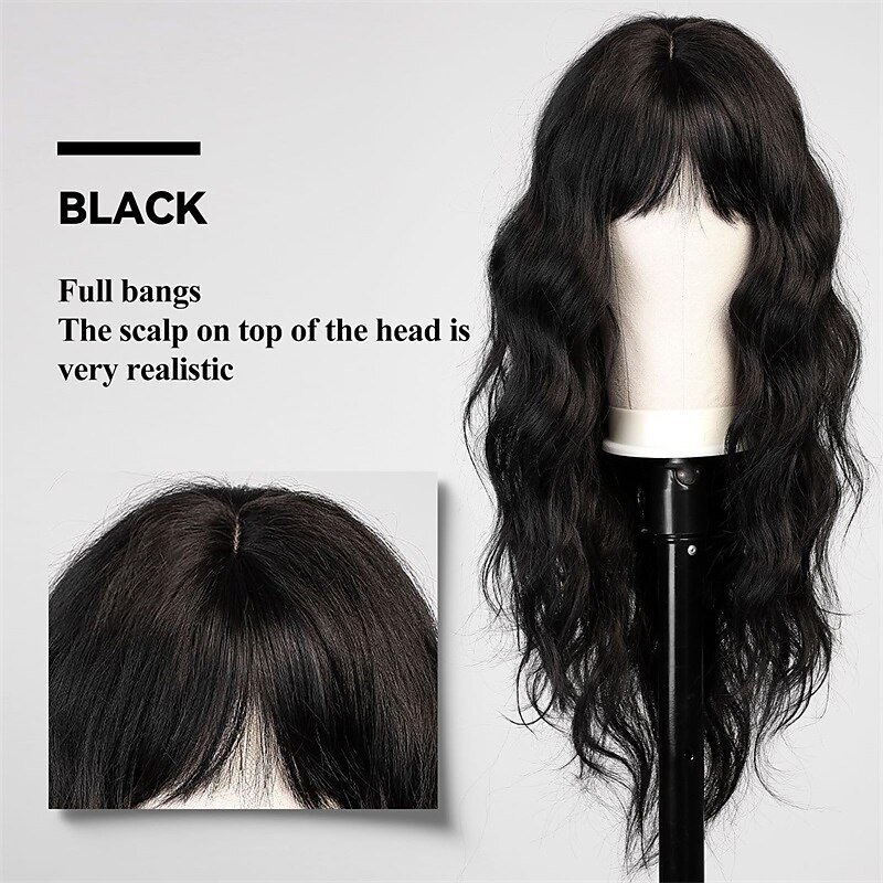 Black Wig with Bangs for Women Long Wavy Hair Wig Black Wig Curly Wavy Synthetic Wigs for Girls Daily Party Use3