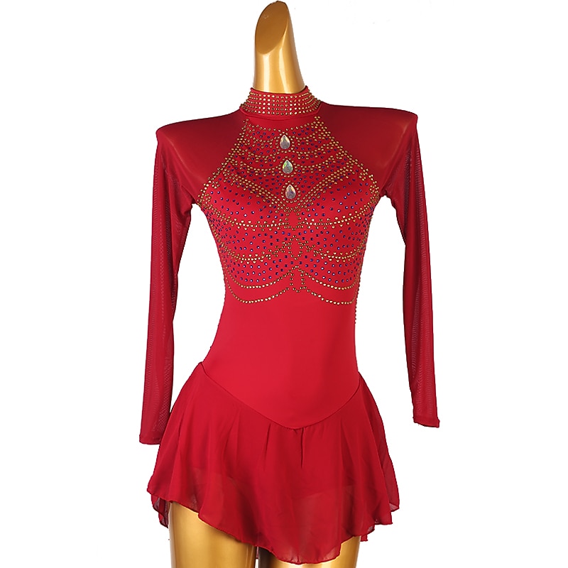 Figure Skating Dress Women's Girls' Ice Skating Dress Burgundy Patchwork Open Back Mesh High Elasticity Training Competition Skating Wear Classic Crystal / Rhinestone Long Sleeve Ice Skating Figure