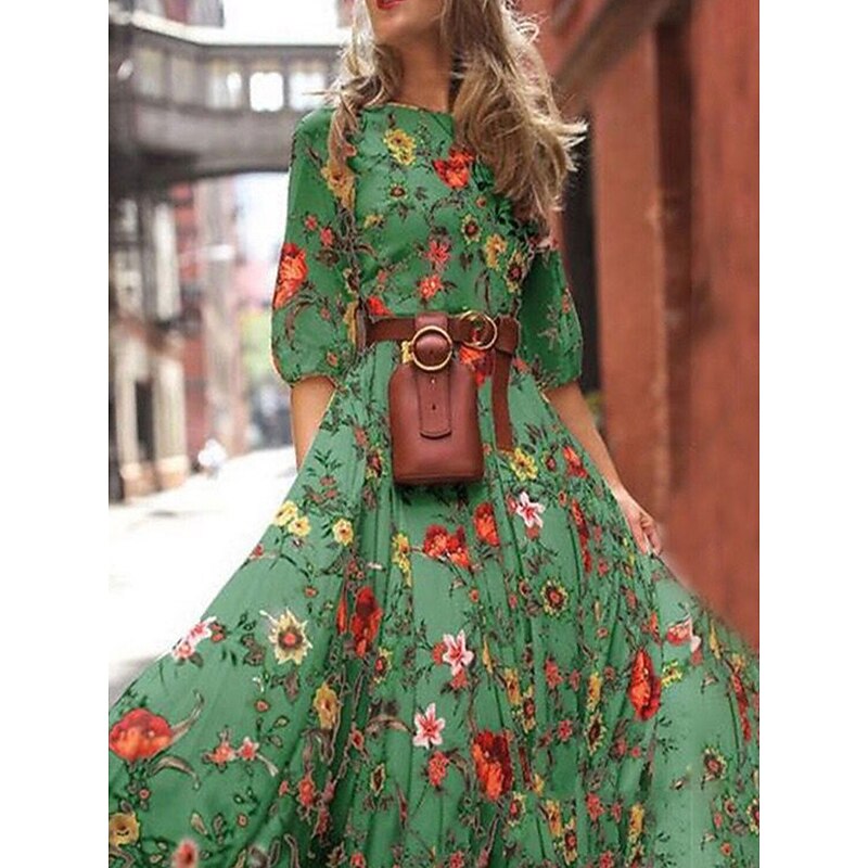 Women's Chiffon Floral Print Crew Neck Long Dress Maxi Dress Bohemia Vacation Summer Spring3