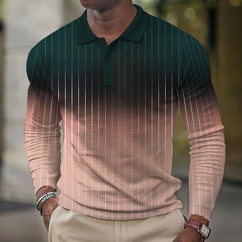 Men's Geometric Golf Shirt Long Sleeve Polo Shirts Collared Shirts Business Casual Vacation Wear Formal Wear Festival Wear Buttons 3D Print Spring Pink Navy Blue Khaki2