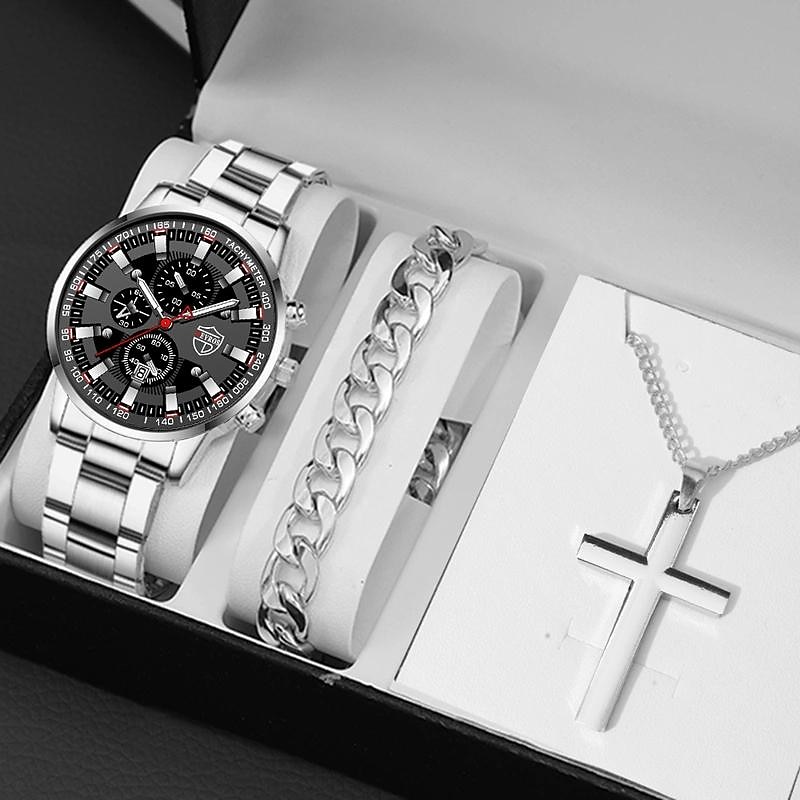 3pcs/set, Mens Calendar Stainless Steel Quartz Watch & Necklace & Bracelet Set