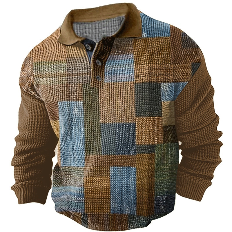 Men's Plaid Waffle Polo Shirts Golf Shirt Long Sleeve Polo Shirts Collared Shirts Vintage Casual Vacation Wear Formal Wear Festival Wear Buttons 3D Print Fall & Winter Black Yellow Brown3