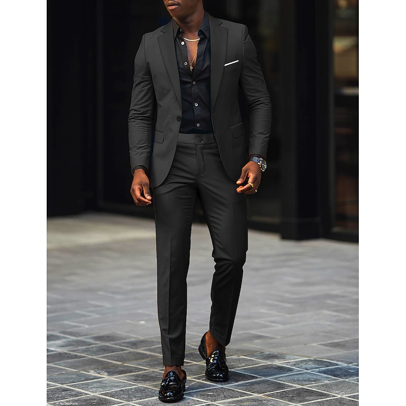 Men's Wedding Suits Notch Black Burgundy Daily Business Solid Colored Tailored Fit 2 Piece Single Breasted One-button2