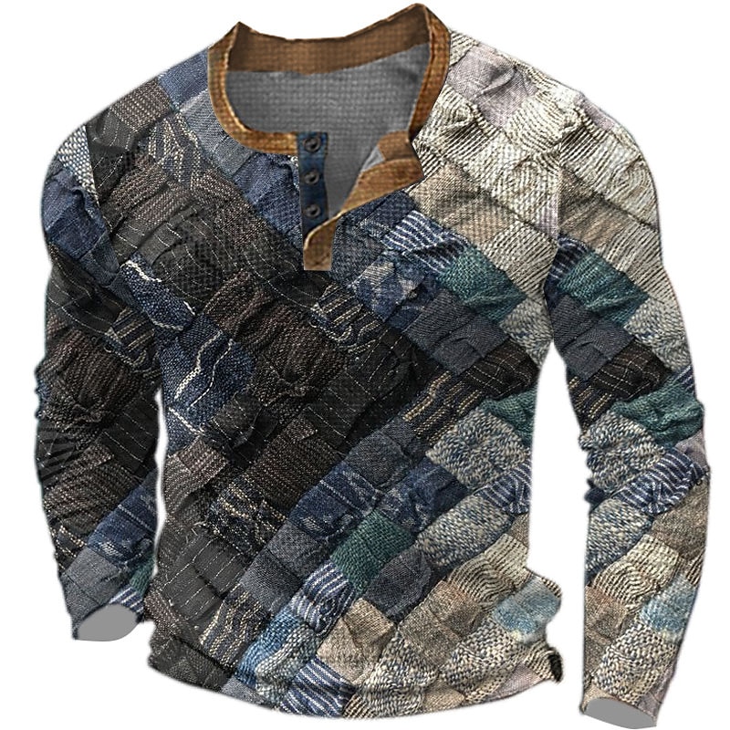 Men's Graphic Patchwork Henley Shirt Waffle T Shirt Long Sleeve 3D Print Fashion Designer Casual Sports Outdoor Holiday Festival Spring &  Fall Blue Brown Green Gray Henley Henley T-Shirt2
