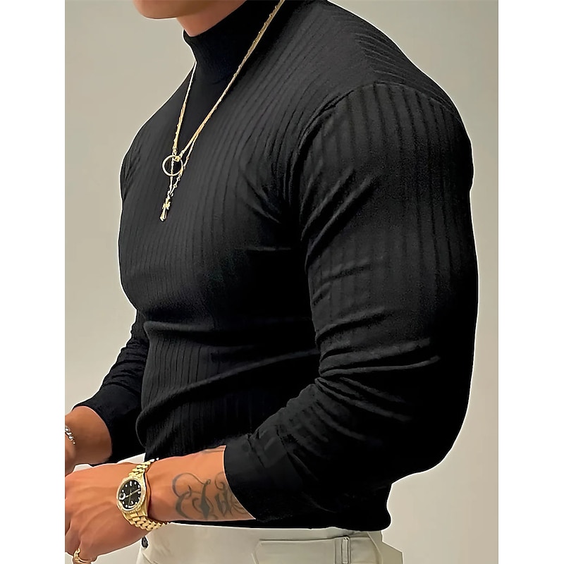 Men's T Shirt Knit Tee Tee Top Long Sleeve Shirt Long Sleeve Turtleneck Spring &  Fall Plain Pit Strip Fashion Designer Basic Vacation Street Going out Black White Gray Top Tee for Men