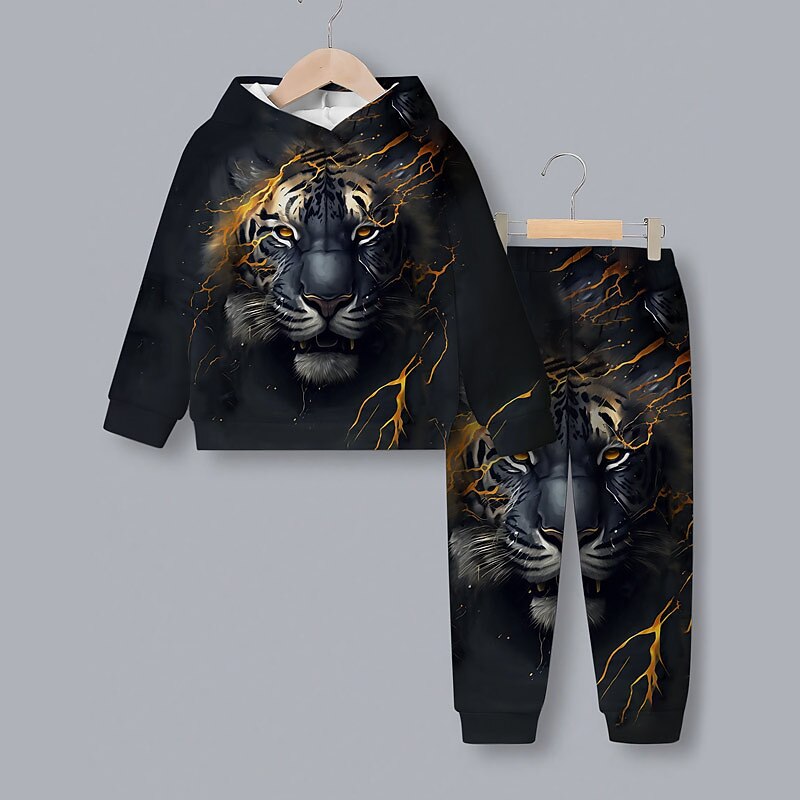 Boys 3D Tiger Hoodie & Sweatpants Set Long Sleeve 3D Printing Spring Fall Active Fashion Cool Kids 3-12 Years Hooded Outdoor Vacation Street Regular Fit