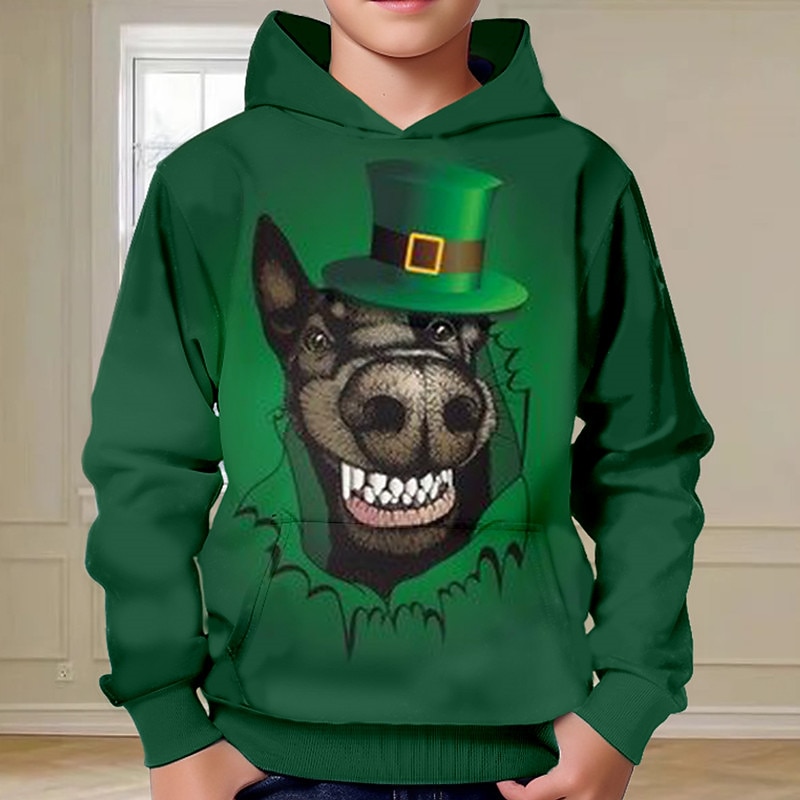 St. Patrick Boys 3D Dog Hoodie Pullover Long Sleeve 3D Print Spring Fall Fashion Streetwear Cool Polyester Kids 3-12 Years Hooded Outdoor Casual Daily Regular Fit
