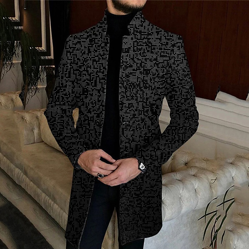 Men's Geometry Winter Coat Overcoat Coat Warm Comfortable Breathable Vintage Business Work Wear to work Going out Buttons Print Fall & Winter Standing Collar Long Sleeve Black Gray2