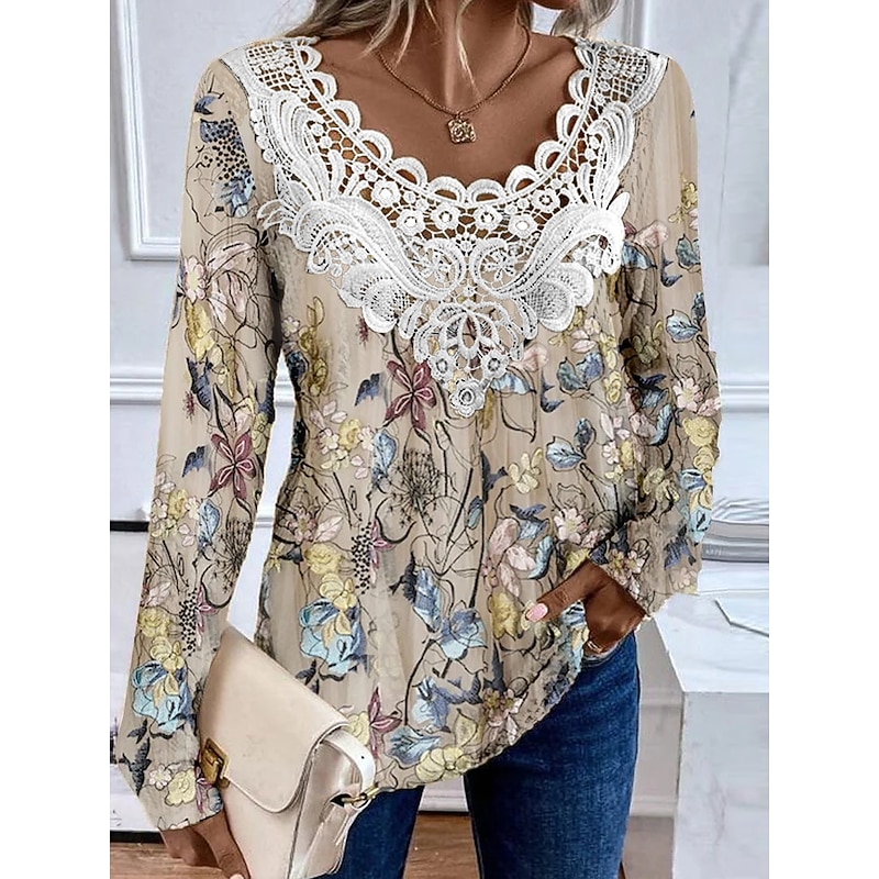 Women's Blouse Tunic Lace Splicing V Neck Long Sleeve Floral Lace Patchwork Print Regular Tops Round Neck Casual Purple Green Khaki Spring & Fall Prefall2