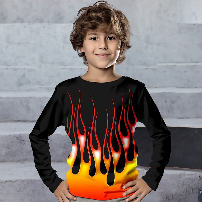 Boys 3D Fire Tee Shirt Long Sleeve 3D Print Spring Fall Sports Fashion Streetwear Polyester Kids 3-12 Years Crew Neck Outdoor Casual Daily Regular Fit4