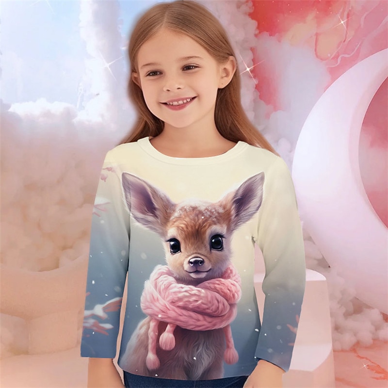 Girls' 3D Deer Christmas T shirt Tee Shirts Long Sleeve 3D Print Spring Fall Active Fashion Cute Kids 3-12 Years Crew Neck Outdoor Casual Daily Regular Fit