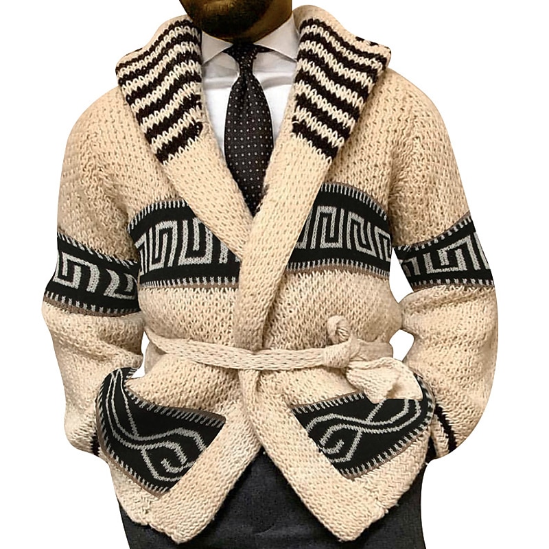 Men's Cardigan Sweater Knit Sweater Ribbed Knit Regular Cropped Knitted Geometric Shawl Collar Warm Ups Modern Contemporary Daily Wear Going out Clothing Apparel Winter Beige M L XL2