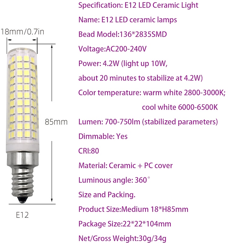 G9/E11/E12/E14E/BA15D LED Bulb 7W 3000K Warm White/6000K White 120V No-Flicker for Home Lighting Chandeliers Household Applications 700LM (2 Pack)4
