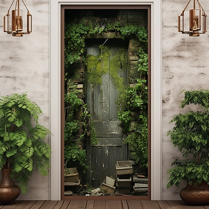 Floral Vintage Green Door Covers Mural Decor Door Tapestry Door Curtain Decoration Backdrop Door Banner Removable for Front Door Indoor Outdoor Home Room Decoration Farmhouse Decor Supplies4