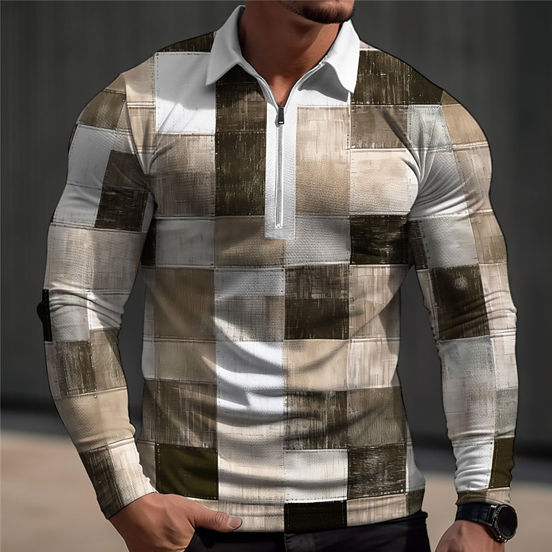 Men's Plaid / Check Waffle Polo Shirts Polo Shirts Golf Polos Shirts Long Sleeve Polo Shirts Turndown Zip Casual Outdoor Casual Daily Streetwear 3D Print Spring Blue Green Khaki3