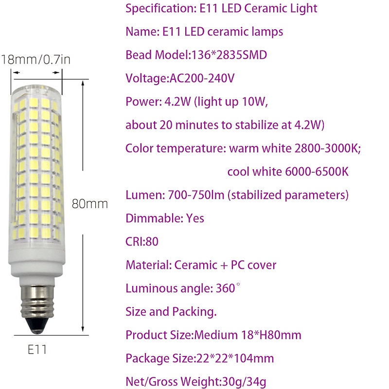 G9/E11/E12/E14E/BA15D LED Bulb 7W 3000K Warm White/6000K White 120V No-Flicker for Home Lighting Chandeliers Household Applications 700LM (2 Pack)3