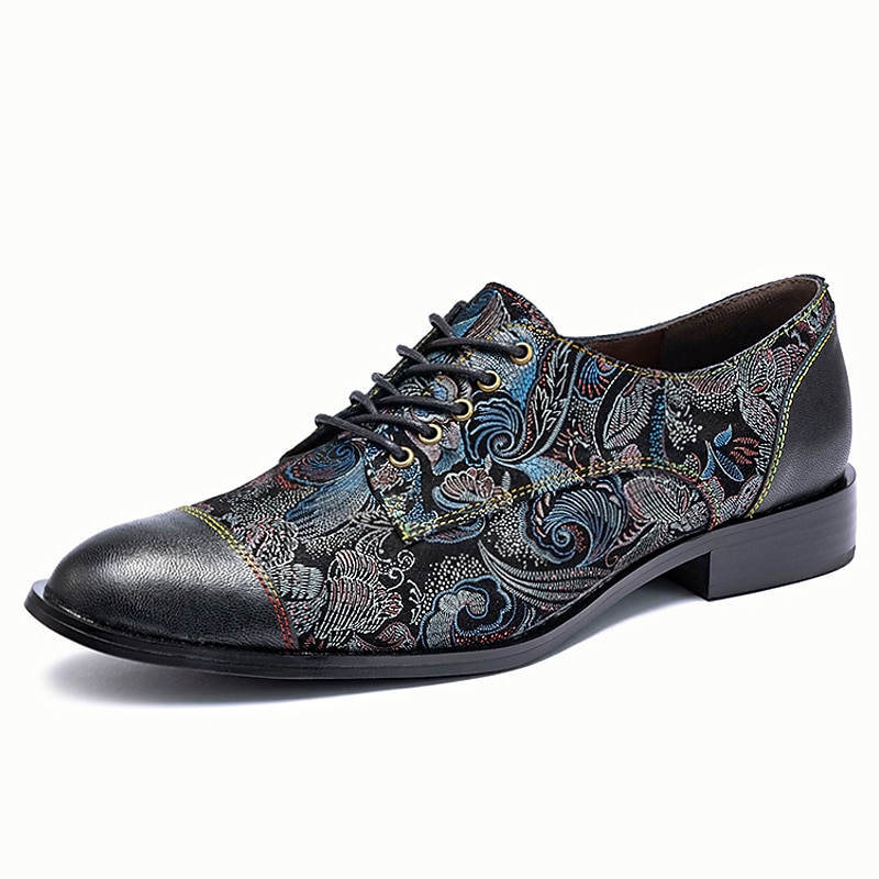 Men's Jacquard Fabric Floral Pattern Lace-Up Oxford Shoes with Leather Accents - Elegant and Stylish Dress Shoes for Special Occasions2