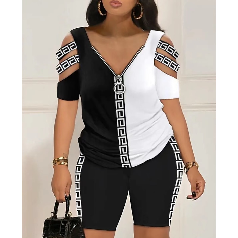 Women's Shirt Shorts Sets Graphic Zipper Cut Out Casual Daily Fashion Short Sleeve V Neck Black Summer