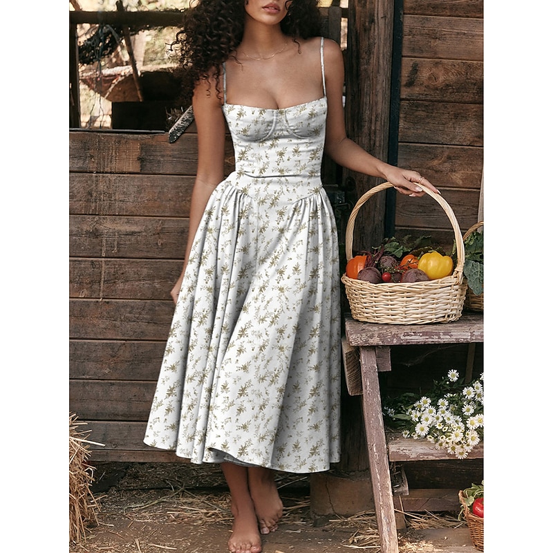 Women's Party Dress Cocktail Dress Wedding Guest Dress Ruched Backless Spaghetti Strap Sleeveless Floral Midi Dress Wedding Guest Cocktail Party Elegant Red Blue Summer Spring
