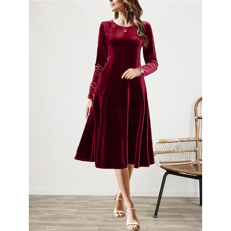 Women's Midi Dress Long Sleeve Velvet Burgundy Elegant Evening Flared Winter Autumn Semi-Formal Regular Fit Clothing Apparel