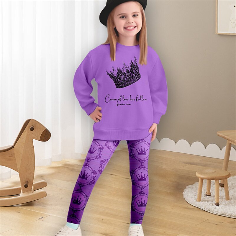 Girls' 3D Crown Sweatshirt & Legging Set Pink Long Sleeve 3D Print Spring Fall Active Fashion Daily Kids 3-12 Years Crew Neck Outdoor Vacation Date Regular Fit